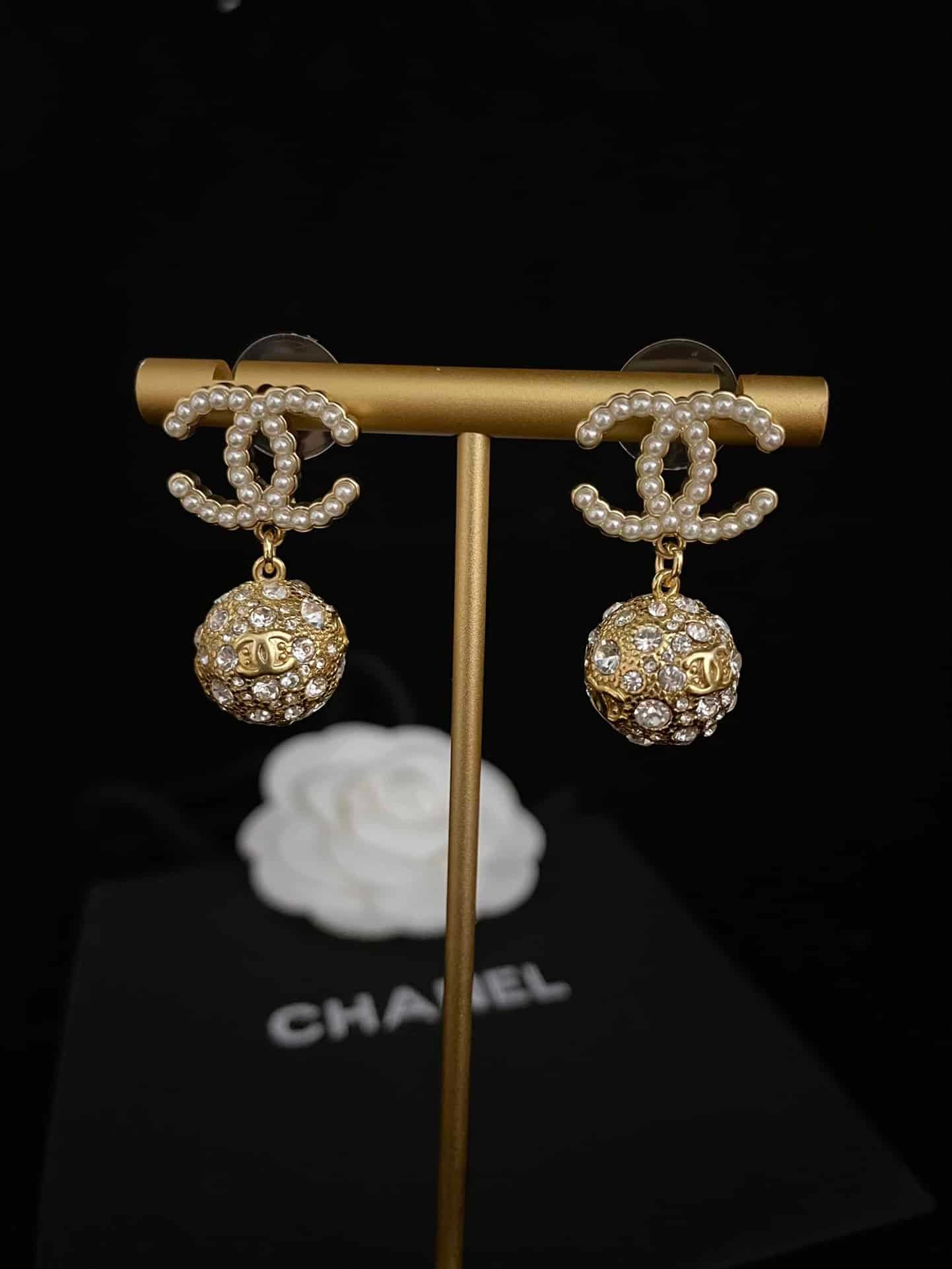 Ch**el New Cc Gold Ball Crystal Pearl Drop Earrings