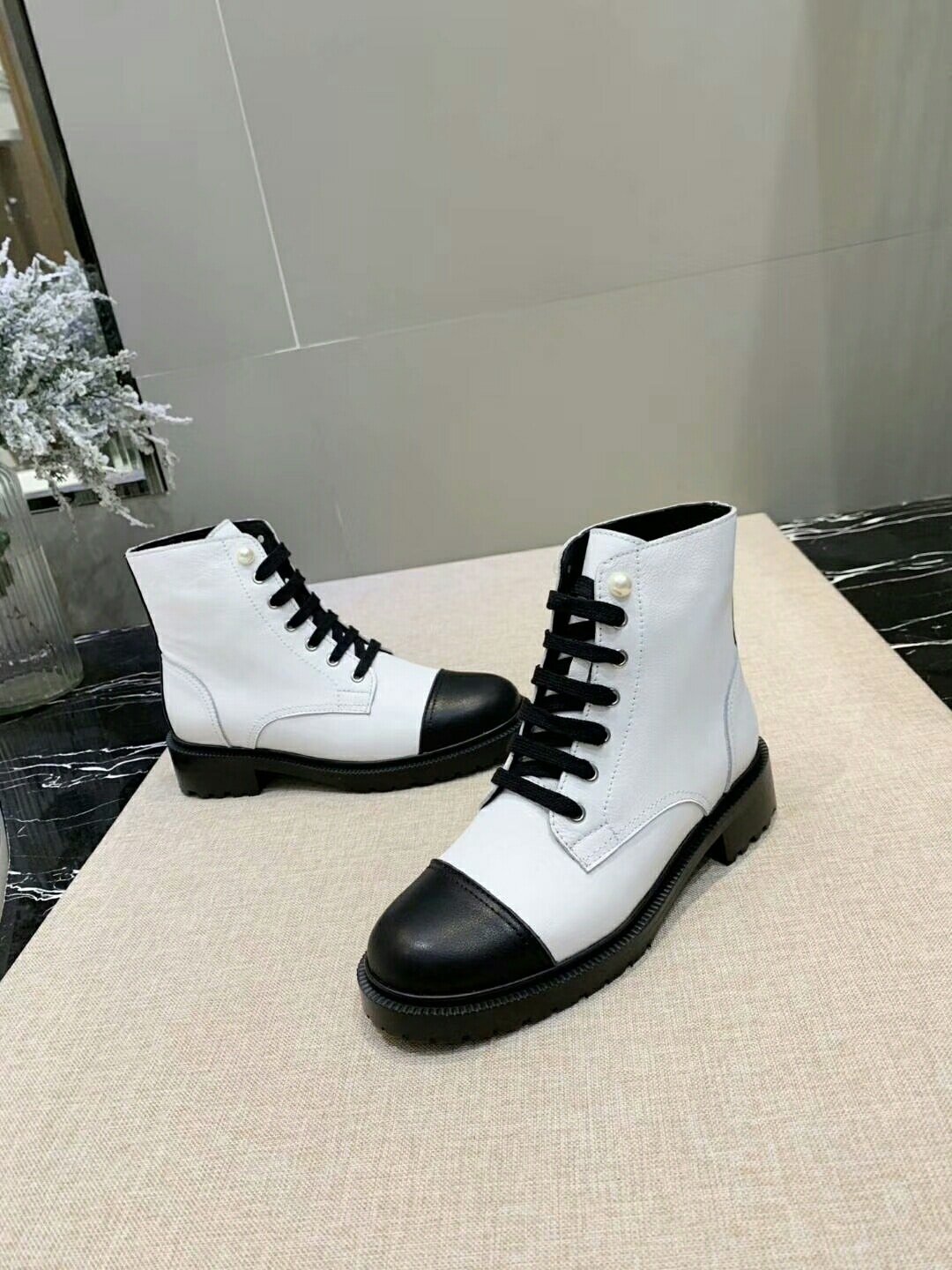 Ch**el White Pearl Logo Cc Combat Lace Up Tie Ankle Boots G36209