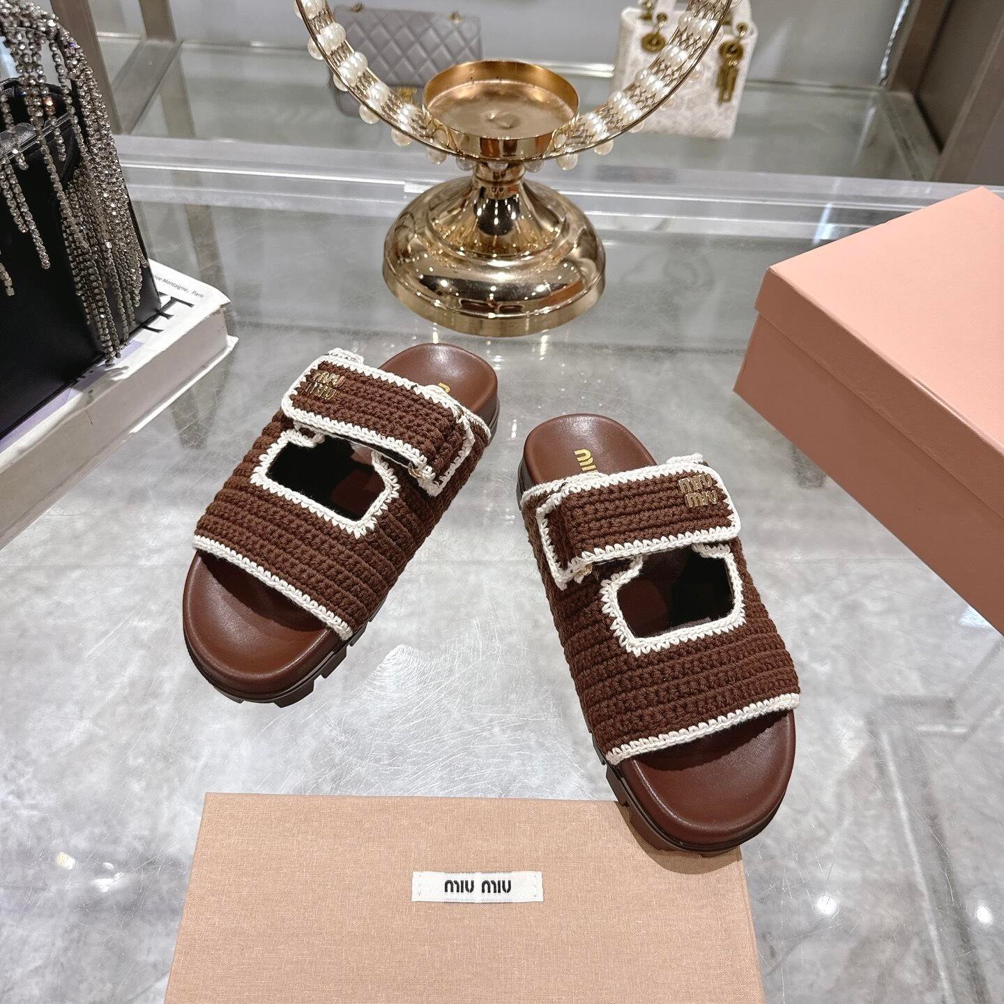 M1um1u Crochet Knit Slides Brown 5Xx641 2Cq2 F0Cms F 010