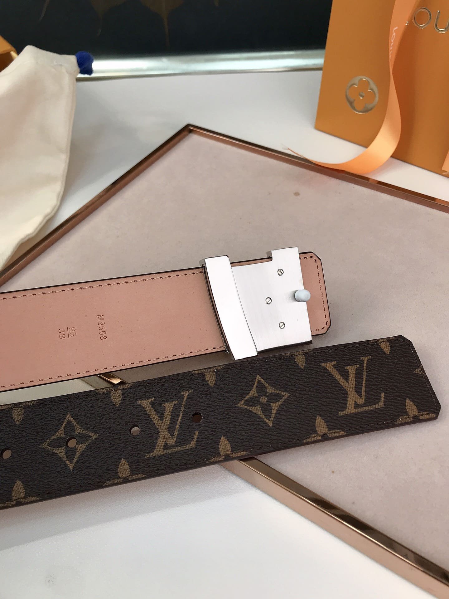 L0vis Vvtt0n Initiales Reversible Monogram Eclipse Canvas Belt Silver Metal 4Cm