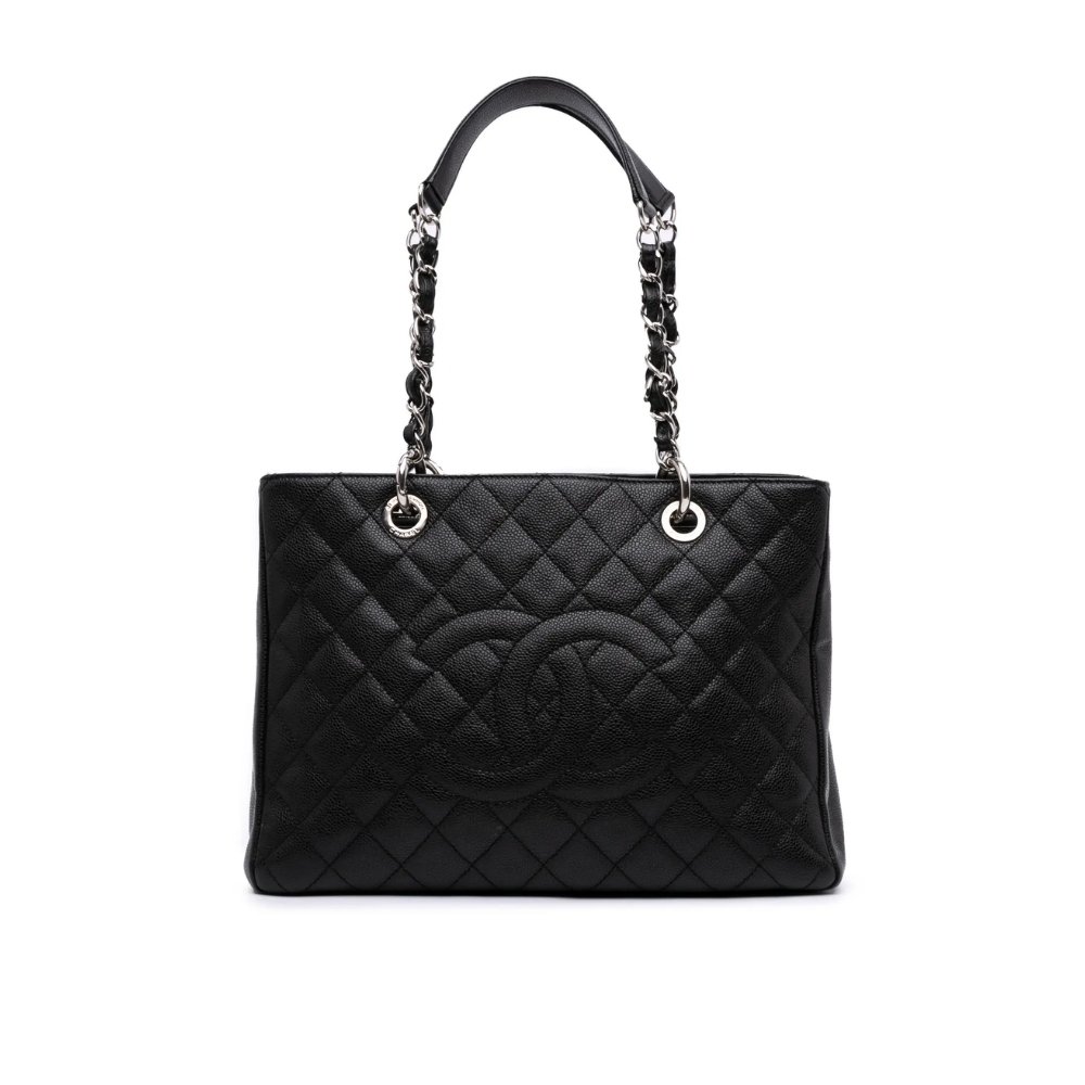 Ch**el Grand Shopping Tote Bag Black Caviar Silver Tone Chain 34Cm