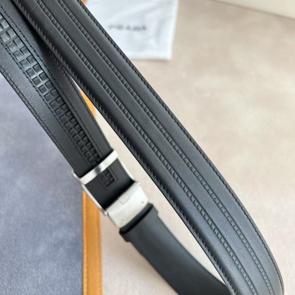 Pra*a Saffiano Leather Belt Silver Hardware In Black