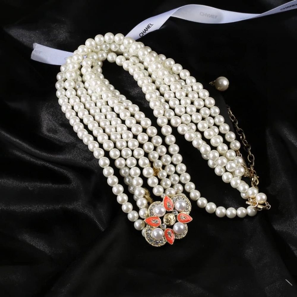 Ch**el Double Strand Pearl Belt with Coral Floral Charm