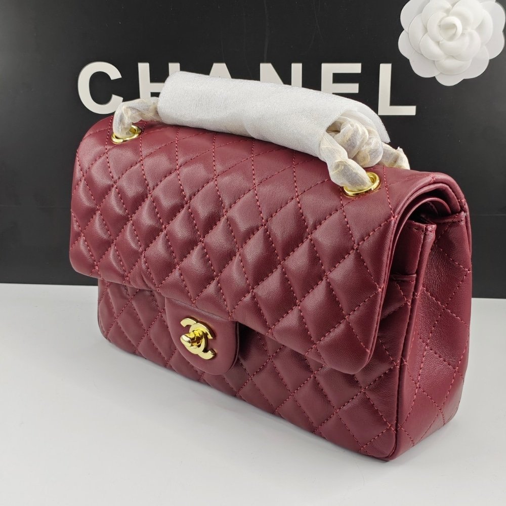 Ch**el Classic 11.12 Handbag Gold Tone Metal Burgundy 25Cm A01112 Y04059 Nzv44
