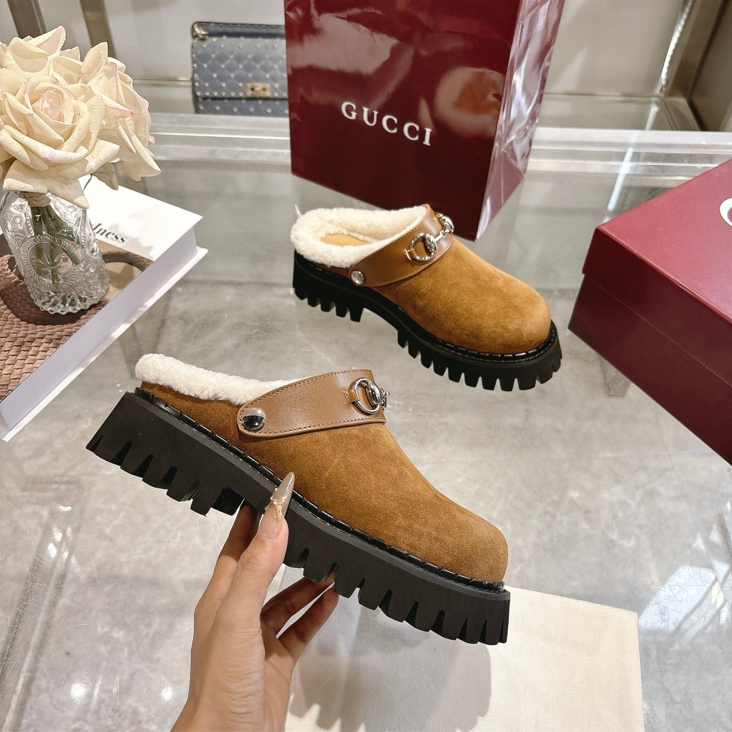 Gvc*1 Horsebit Shearling Mules In Brown Suede