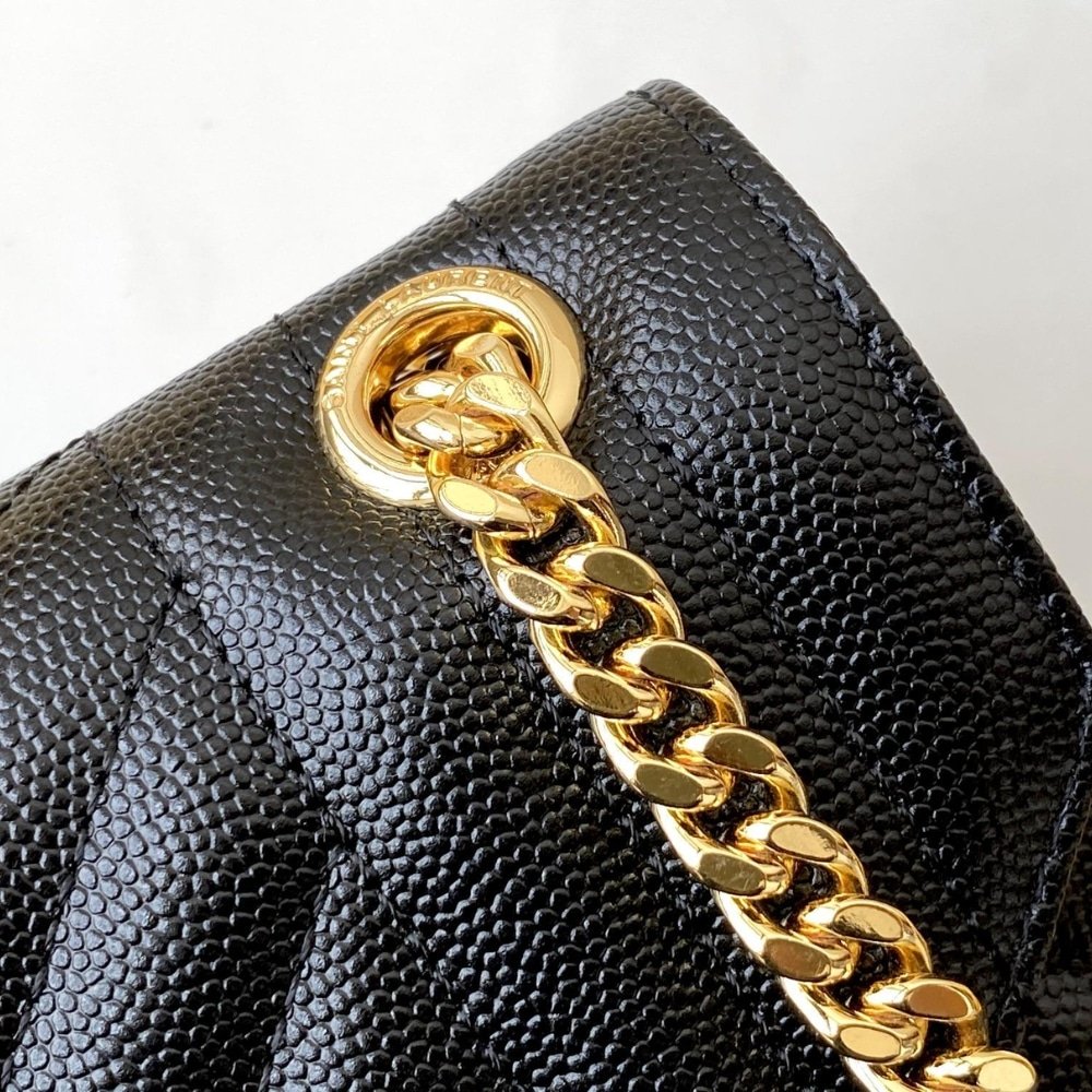 Sa1nt Lau*nt Envelope Medium In Quilted Grain De Poudre Embossed Leather Black Gold 24Cm 600185Bow911000