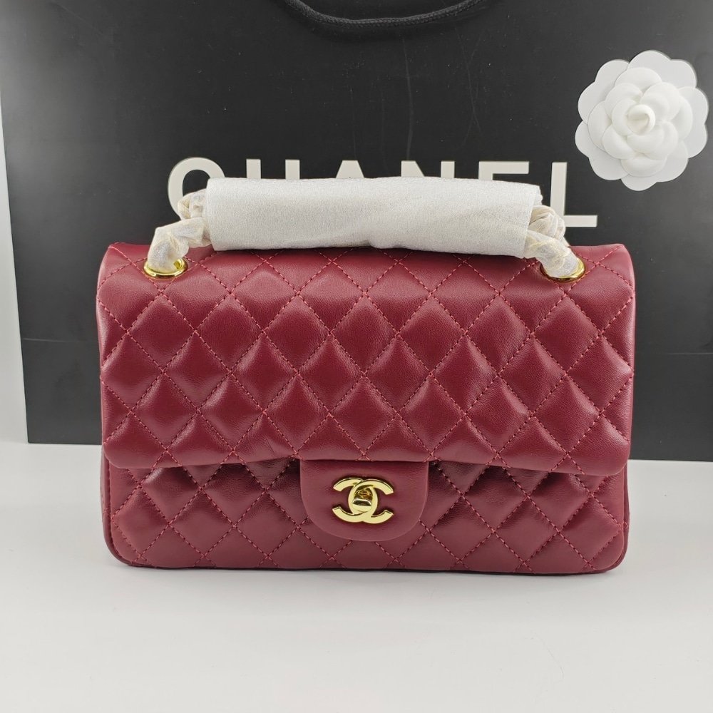 Ch**el Classic 11.12 Handbag Gold Tone Metal Burgundy 25Cm A01112 Y04059 Nzv44