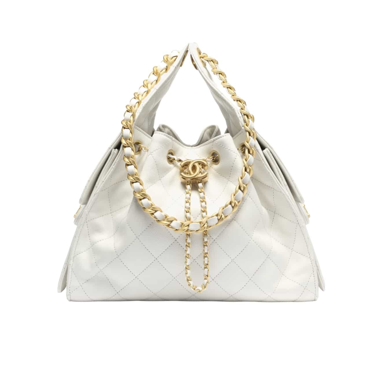 Ch**el 25 Medium Handbag Shiny And Gold Tone Metal White 34Cm As5293 B20304 10601