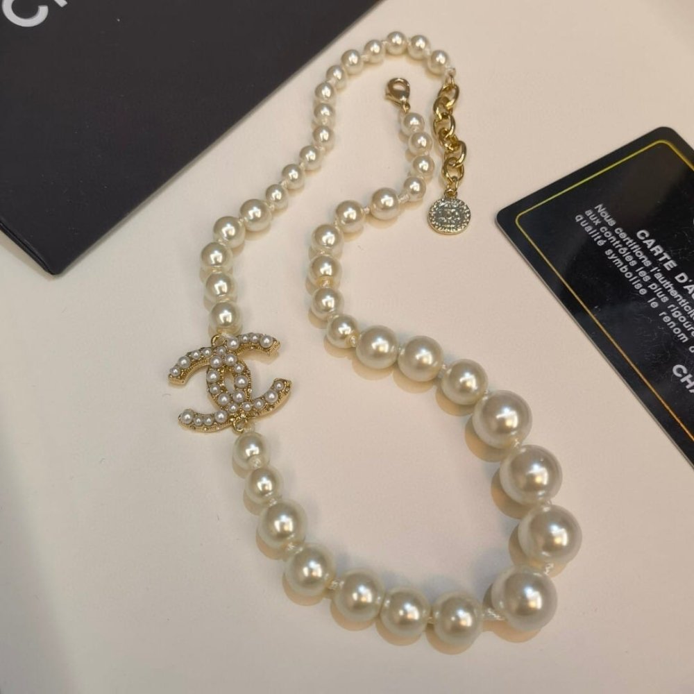 Ch**el Glass Pearls CC Necklace Gold Pearly A64757 Y20450 Z2048