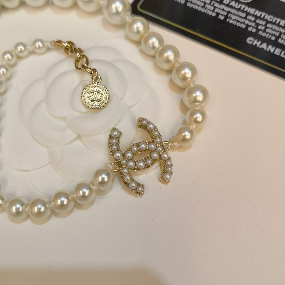 Ch**el Glass Pearls CC Necklace Gold Pearly A64757 Y20450 Z2048