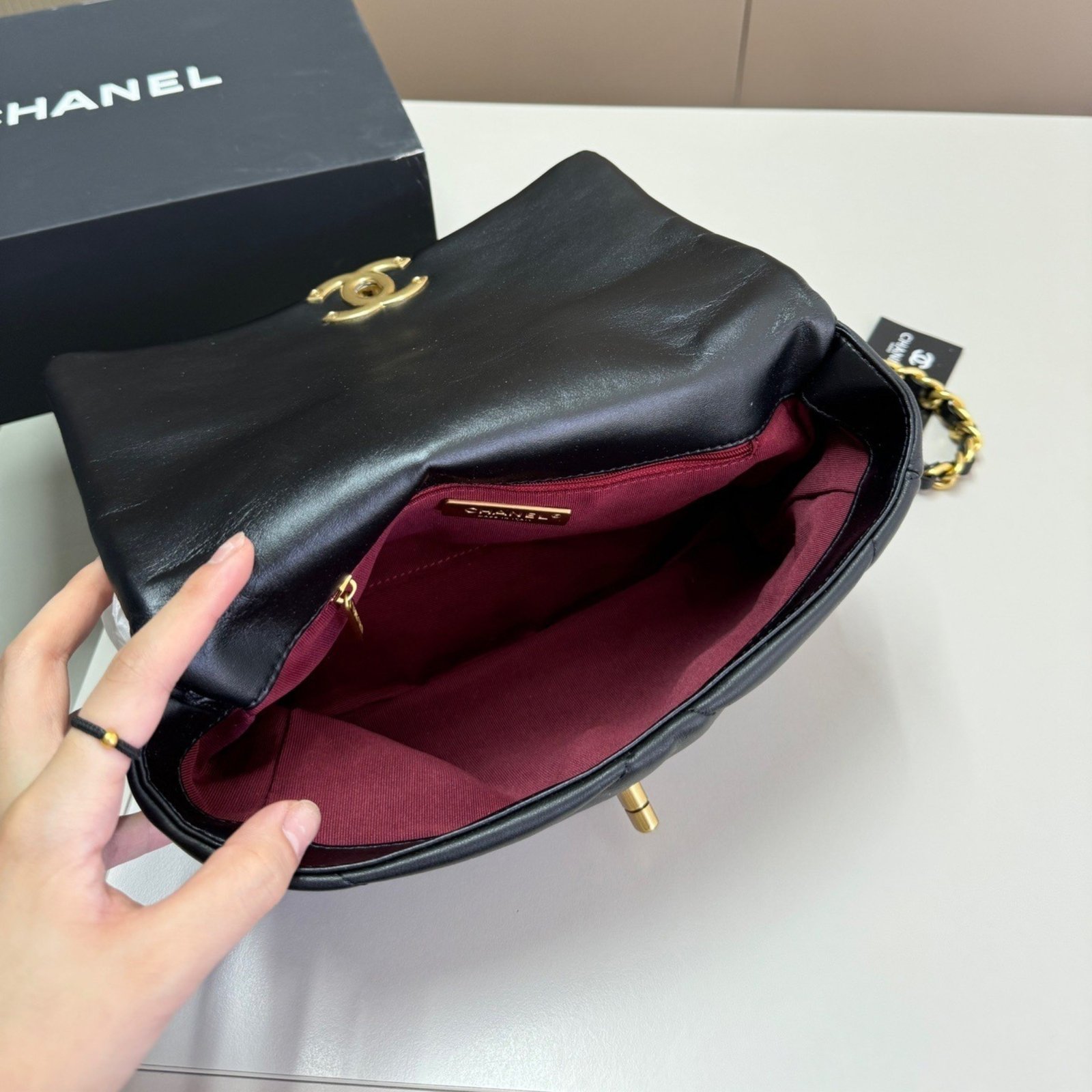 Ch**el 19 Handbag Shiny Gold And Silver Tone Black 26Cm AS1160 B04852 94305