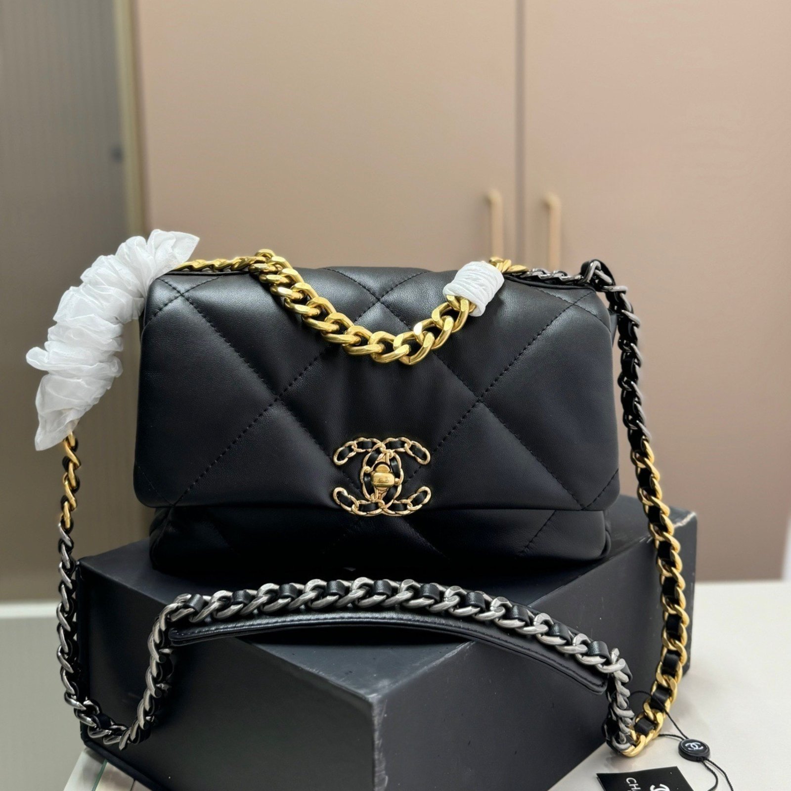 Ch**el 19 Handbag Shiny Gold And Silver Tone Black 26Cm AS1160 B04852 94305