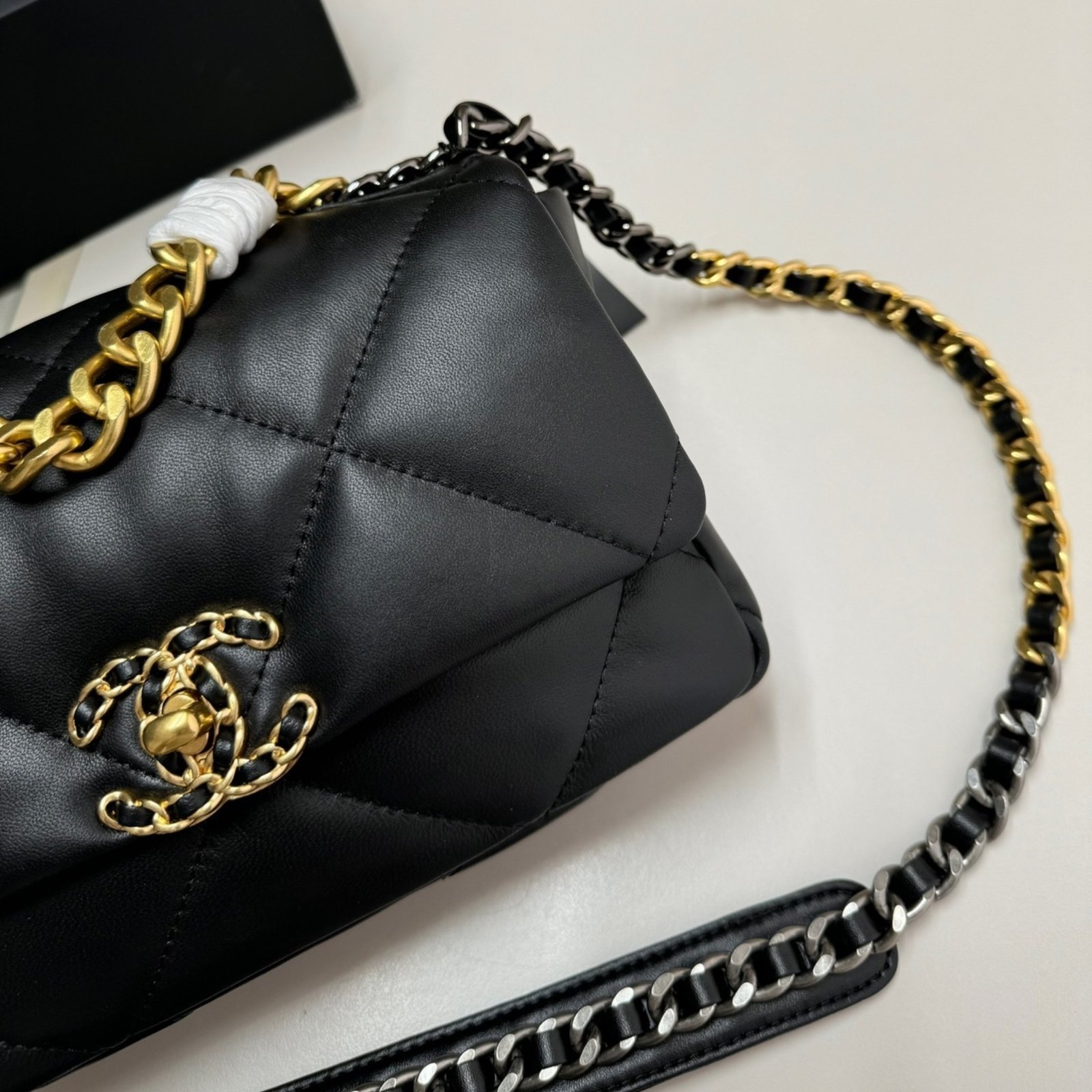 Ch**el 19 Handbag Shiny Gold And Silver Tone Black 26Cm AS1160 B04852 94305