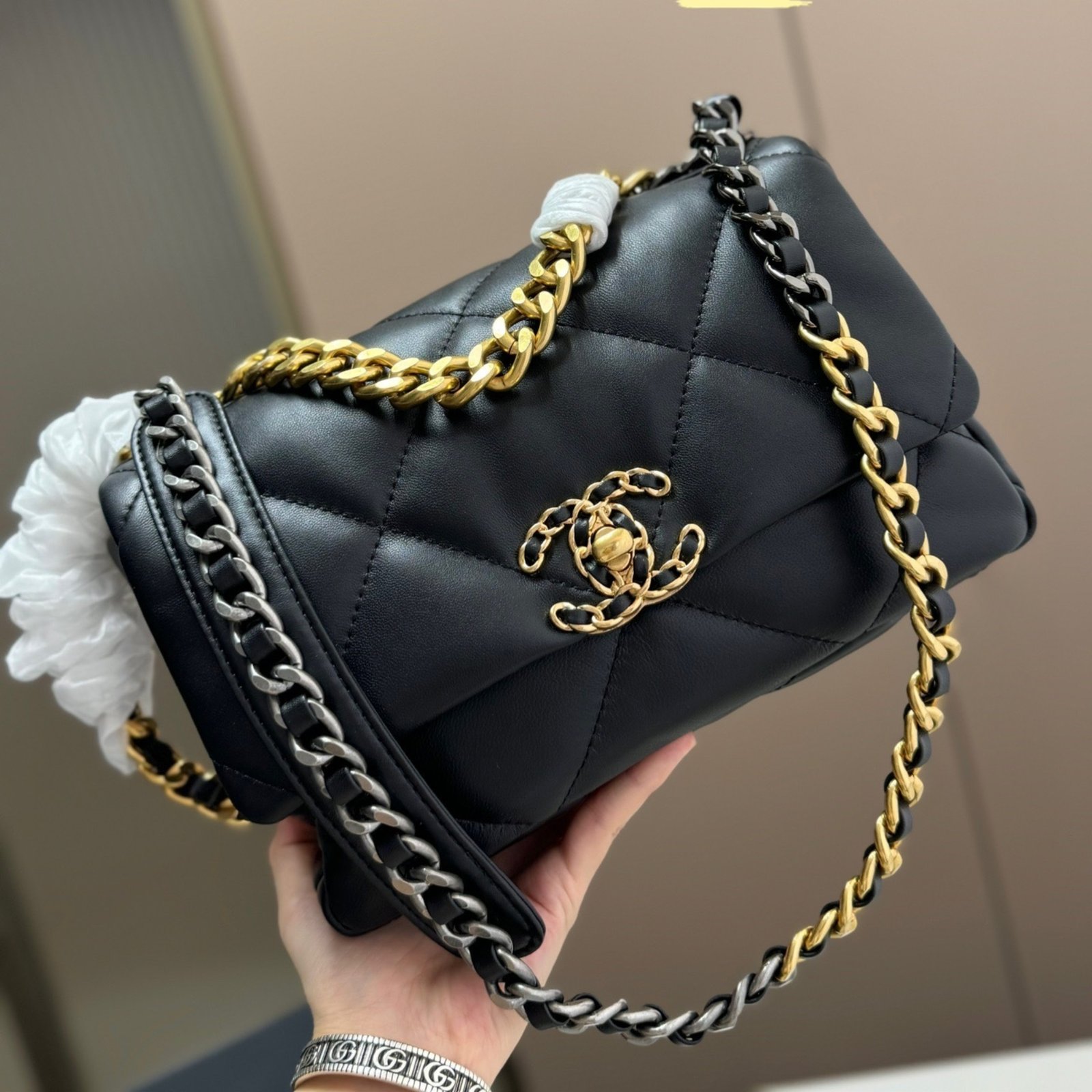 Ch**el 19 Handbag Shiny Gold And Silver Tone Black 26Cm AS1160 B04852 94305