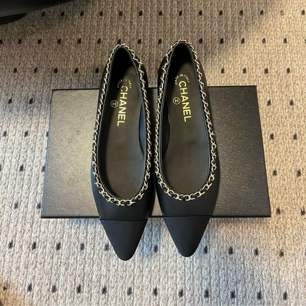 Ch**el Leather And Fabric Cc Chain Link Ballet Flats Black