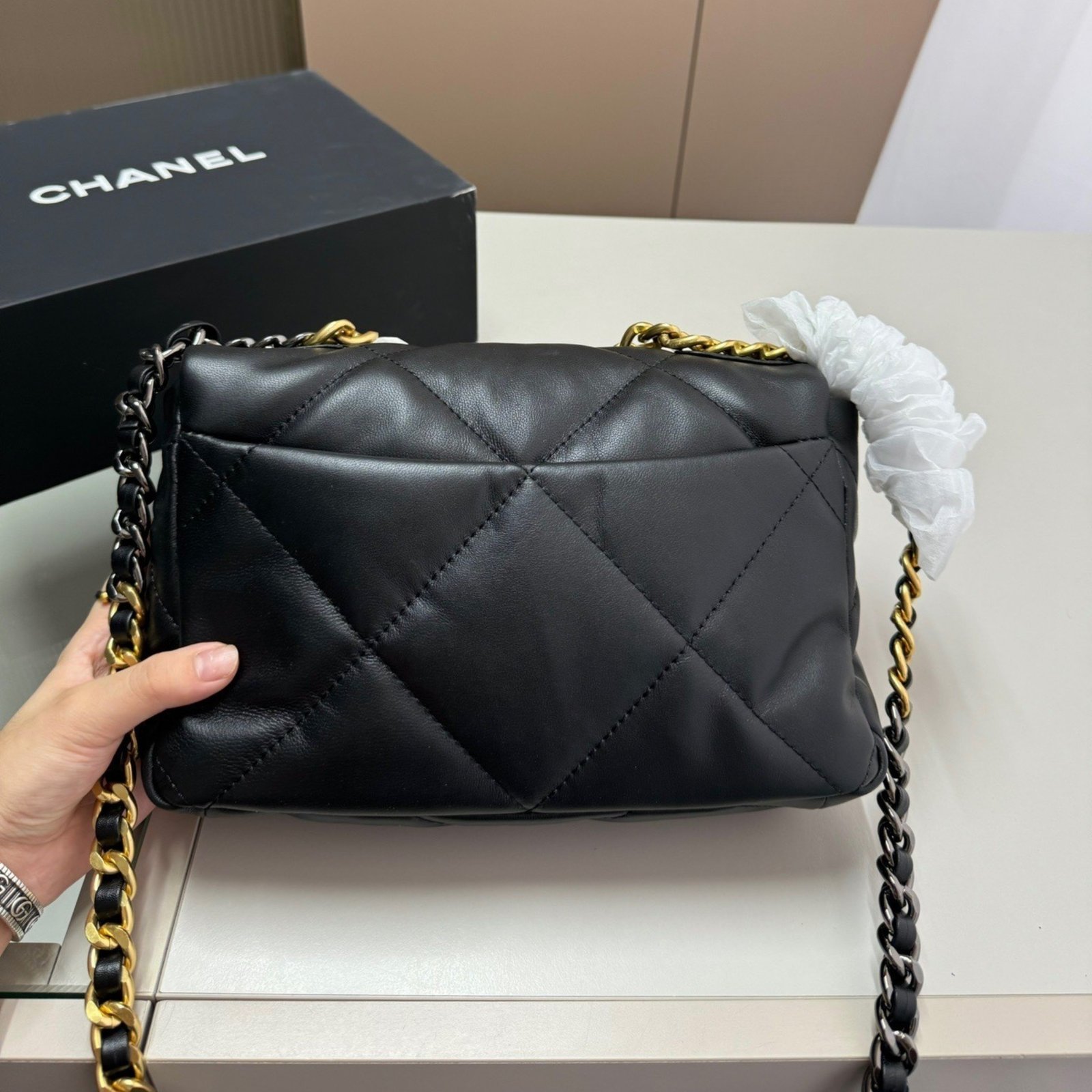 Ch**el 19 Handbag Shiny Gold And Silver Tone Black 26Cm AS1160 B04852 94305