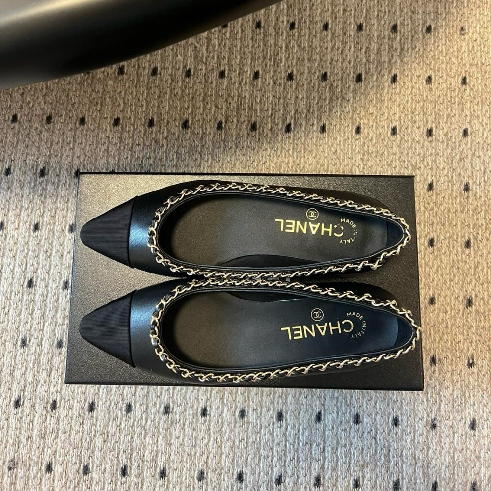 Ch**el Leather And Fabric Cc Chain Link Ballet Flats Black