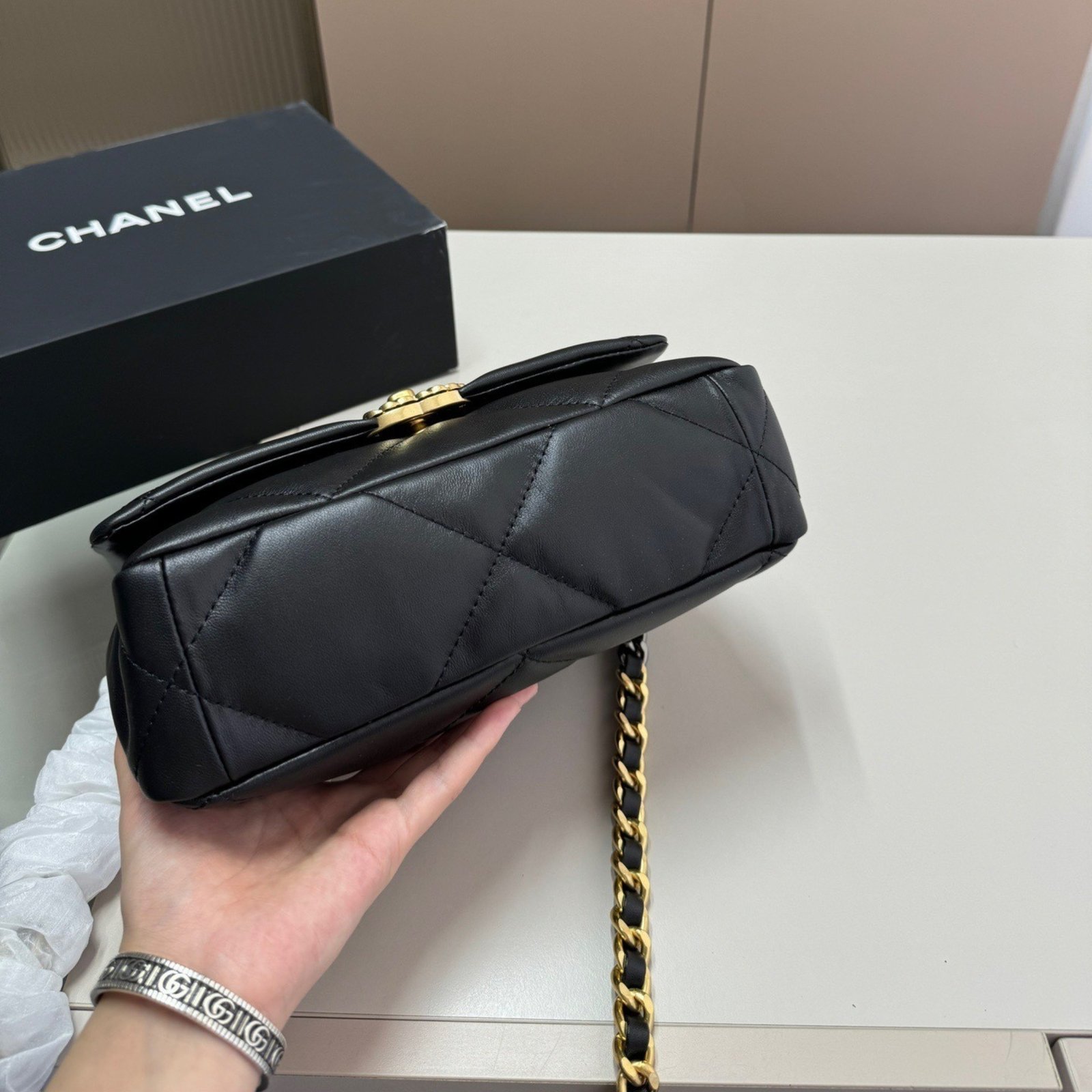 Ch**el 19 Handbag Shiny Gold And Silver Tone Black 26Cm AS1160 B04852 94305