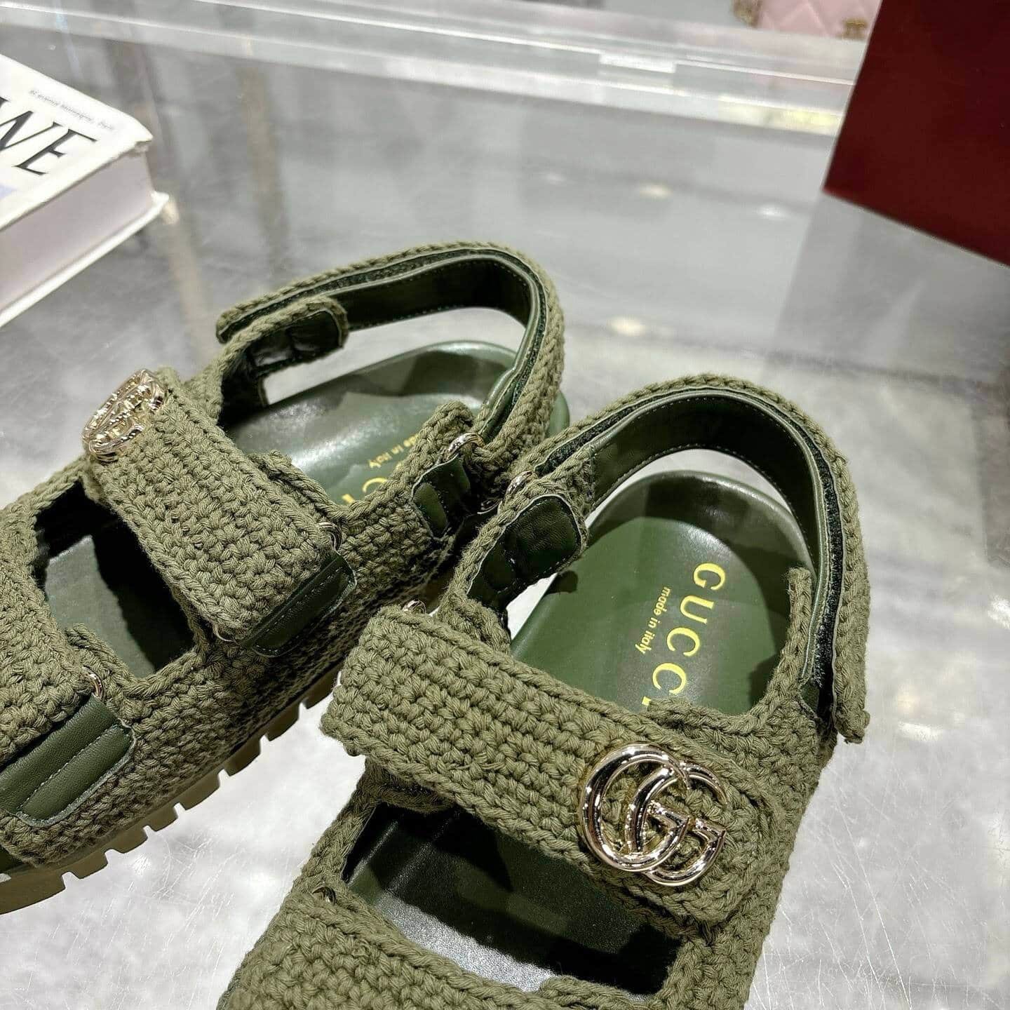 Gvc*1 Women Sandal With Double G Dark Green Crochet ‎835086 Faeq2 3037