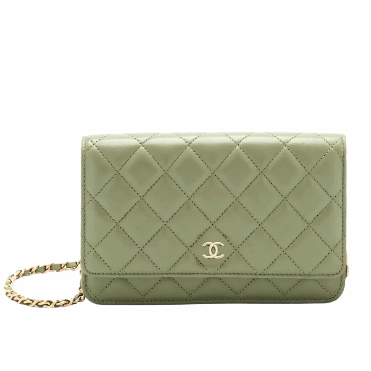 Ch**el Classic Wallet On Chain Gold Tone Metal Khaki 19Cm