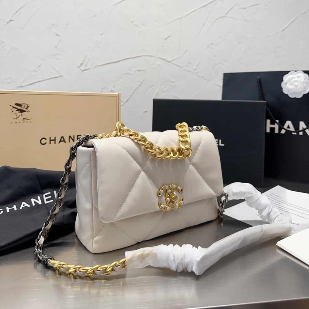 Ch**el 19 Flap Bag Shiny Gold And Silver Tone White 26Cm As1161 B04852 10601