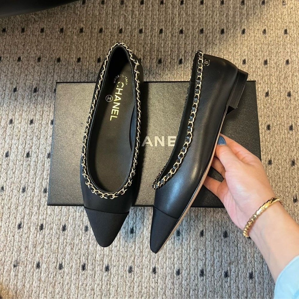 Ch**el Leather And Fabric Cc Chain Link Ballet Flats Black