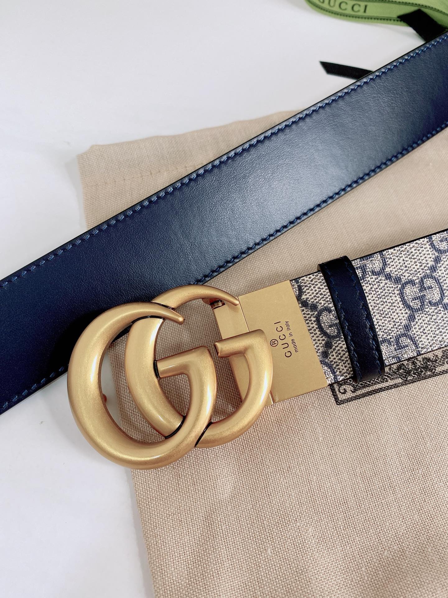 Gvc*1 Gg Marmont Reversible Belt Gold Metal Beige Blue 38Mm 659416 92Tic 9769