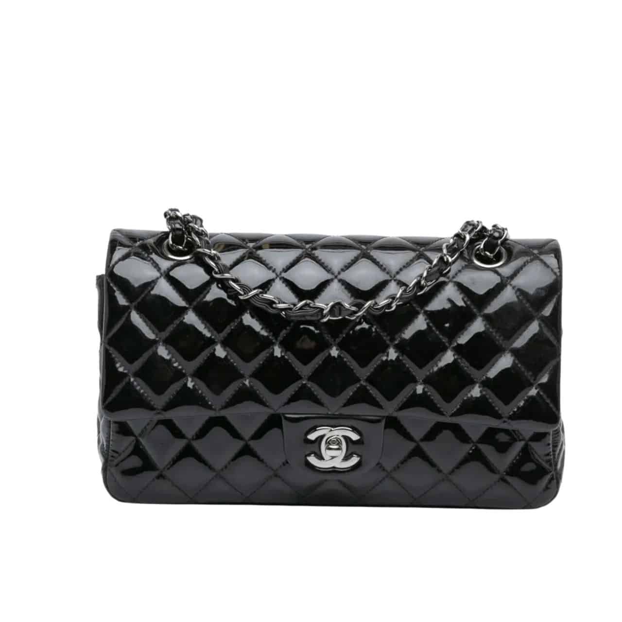 Ch**el Medium Classic Double Flap Bag Patent Leather Black 26Cm