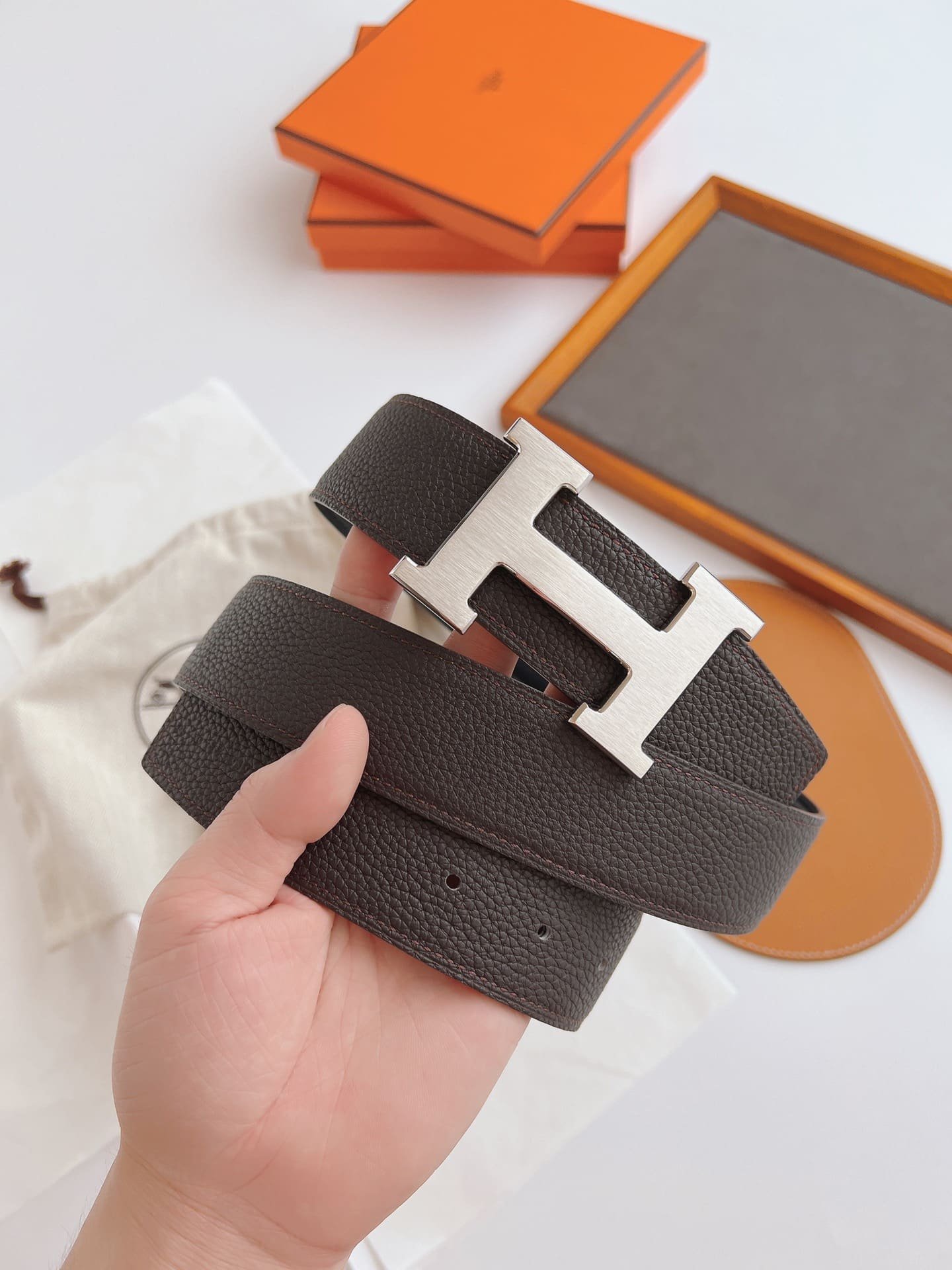 H**me5 Belt Togo Swift Silver Buckle Brown 38Mm