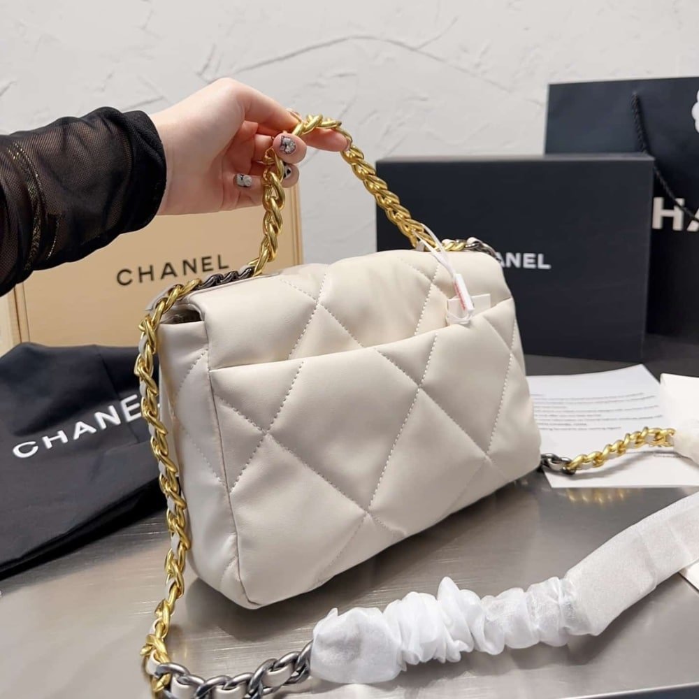 Ch**el 19 Flap Bag Shiny Gold And Silver Tone White 26Cm As1161 B04852 10601