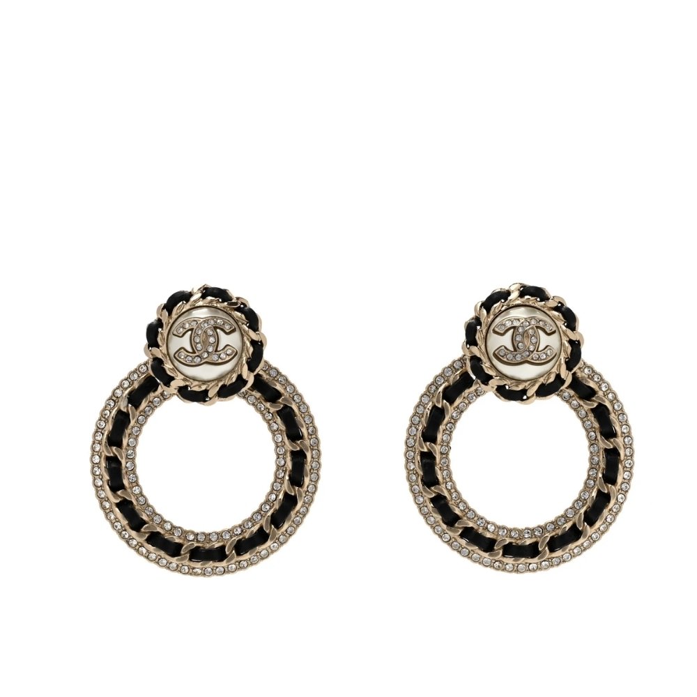 Ch**el Crystal Pearl Cc Chain Hoop Drop Earrings Gold Black