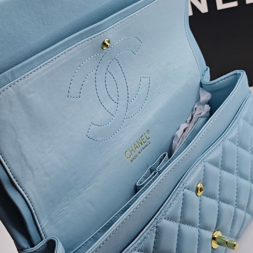 Ch**el Classic 11.12 Handbag Gold Tone Metal Light Blue 30Cm