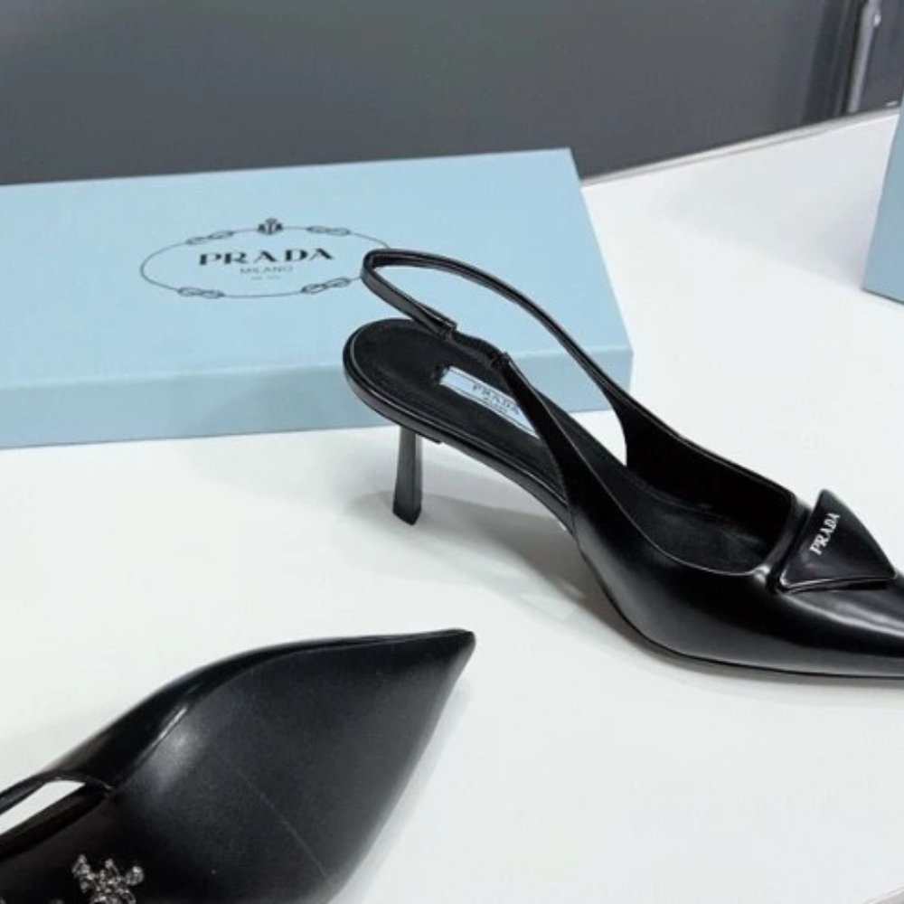 Pra*a Brushed Leather Slingback Pumps Black 1I901M 055 F0002 F 075