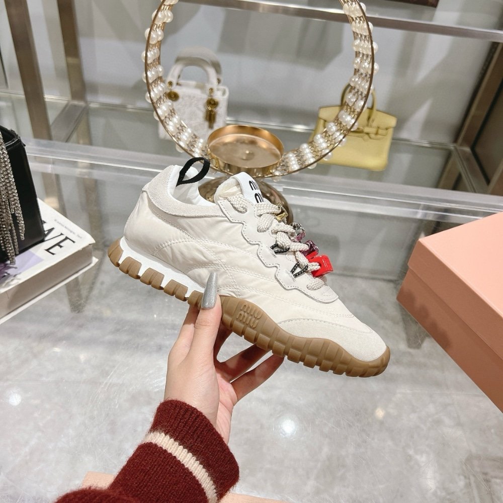 M1um1u Tyre Technical Fabric And Suede Sneaker Cloudy Ivory 5E417E Zjm F0304 F 005