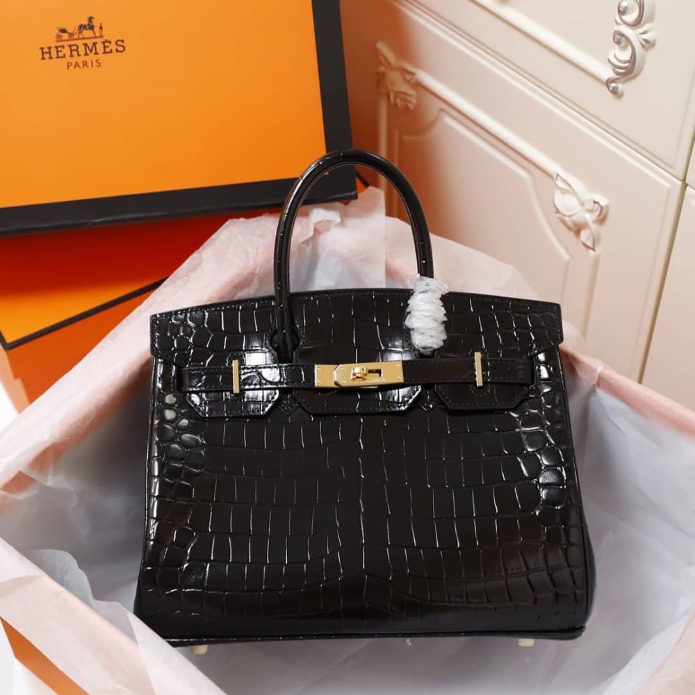 [S*per Vip 1:1] H**me5 Birkin 30 Shiny Porosus Crocodile Gold Hardware Black 30Cm