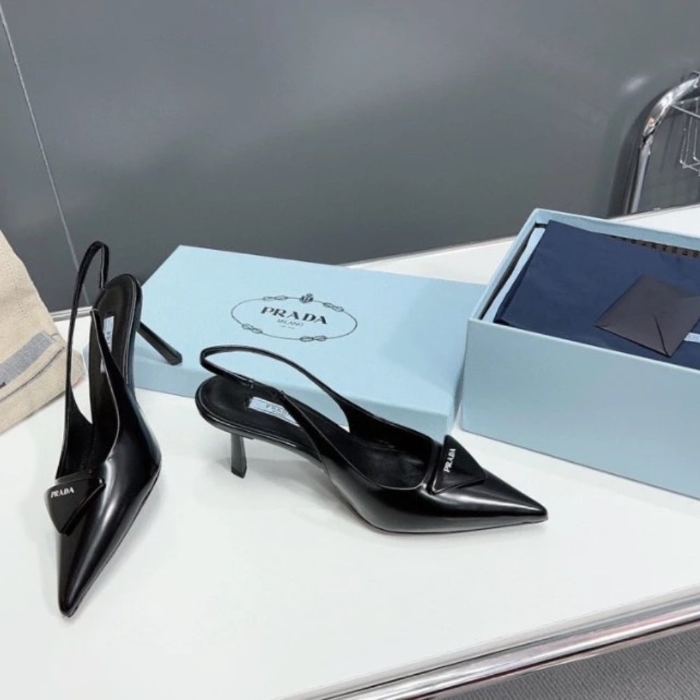 Pra*a Brushed Leather Slingback Pumps Black 1I901M 055 F0002 F 075