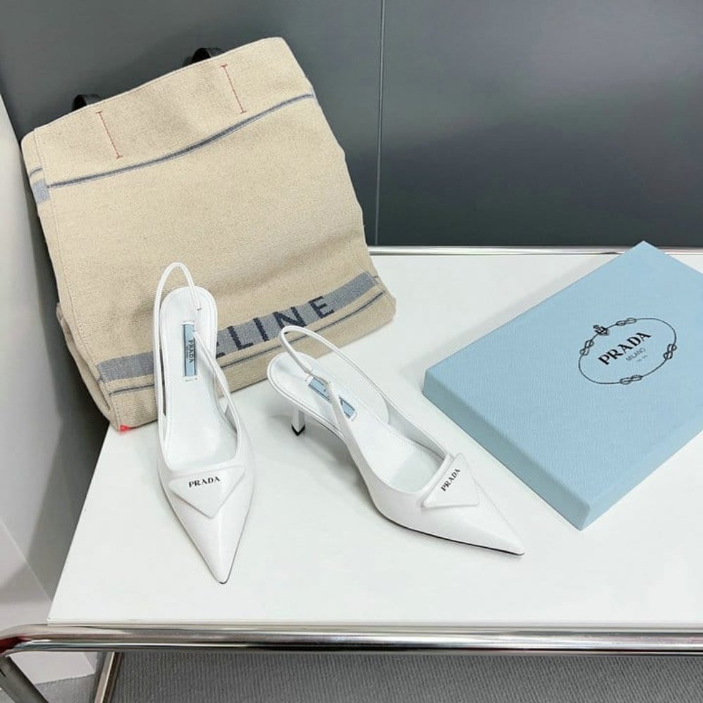 Pra*a Brushed Leather Slingback Pumps White 1I901M 055 F0009 F 075