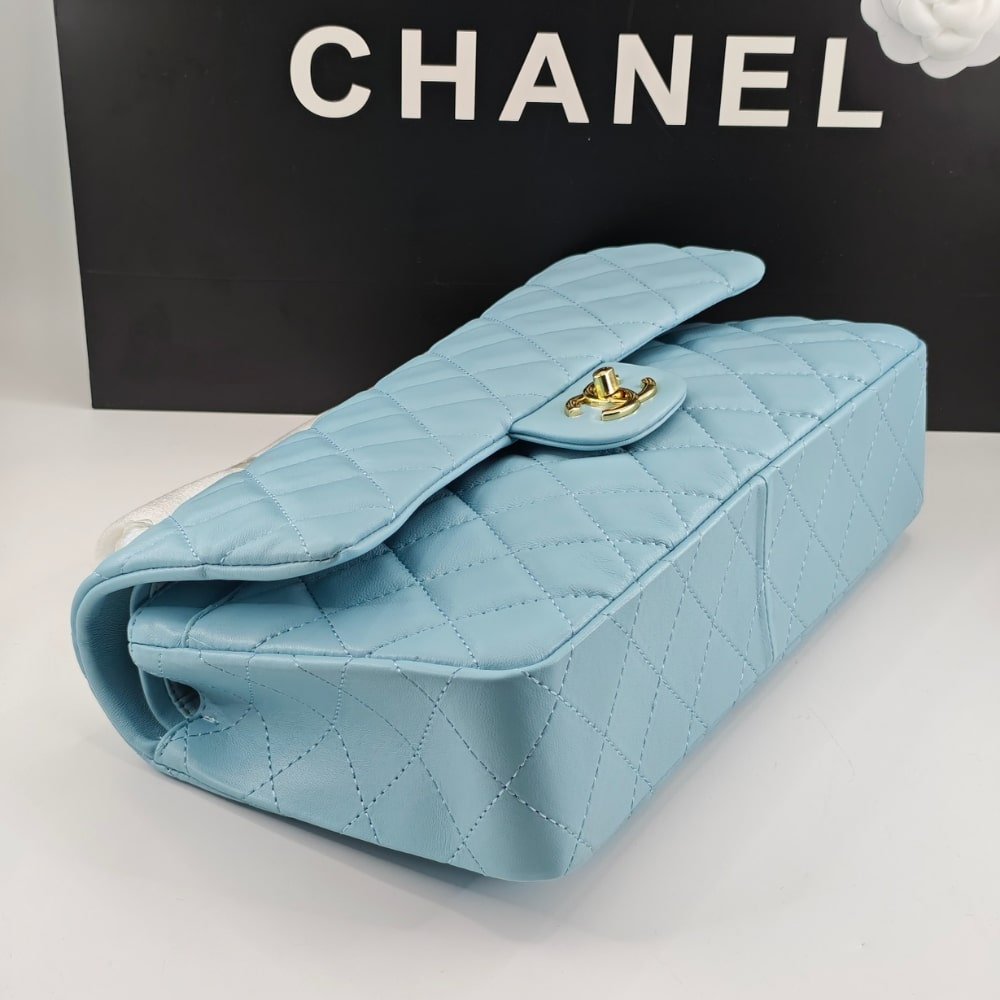 Ch**el Classic 11.12 Handbag Gold Tone Metal Light Blue 30Cm