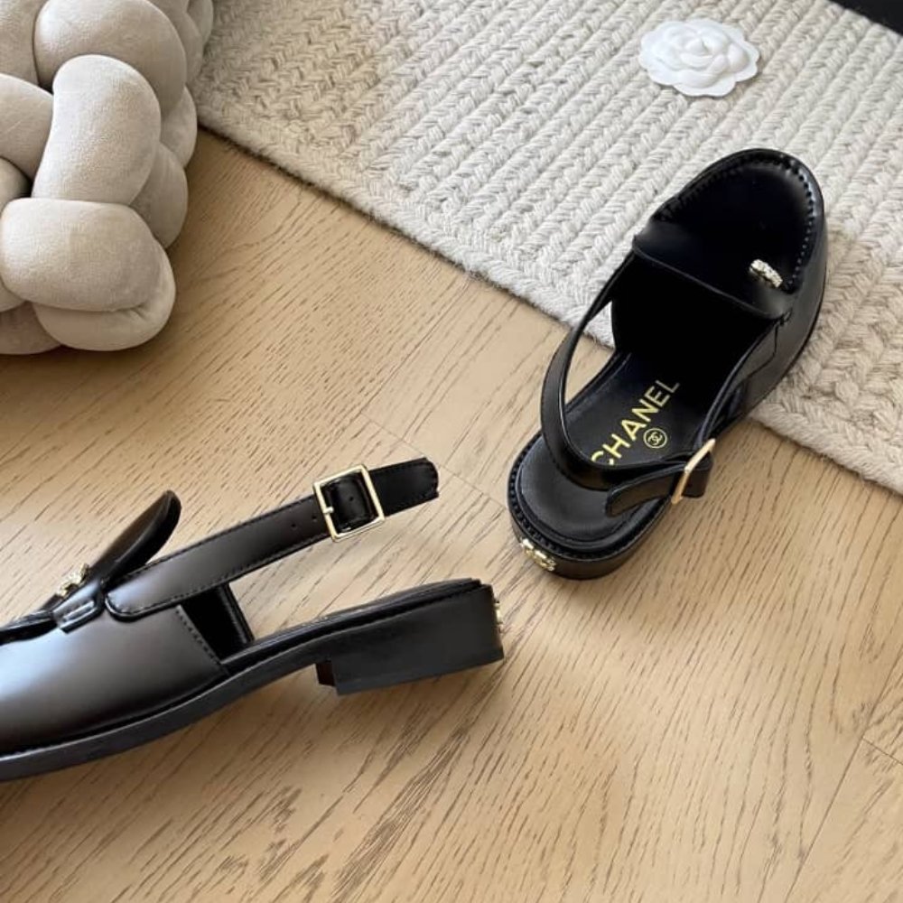 Ch**el Interlocking Cc Logo Slingback Flats Black