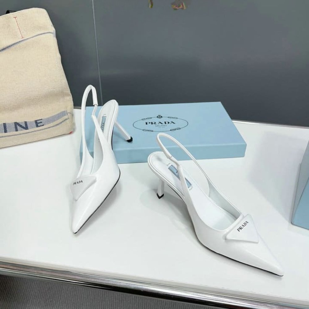 Pra*a Brushed Leather Slingback Pumps White 1I901M 055 F0009 F 075