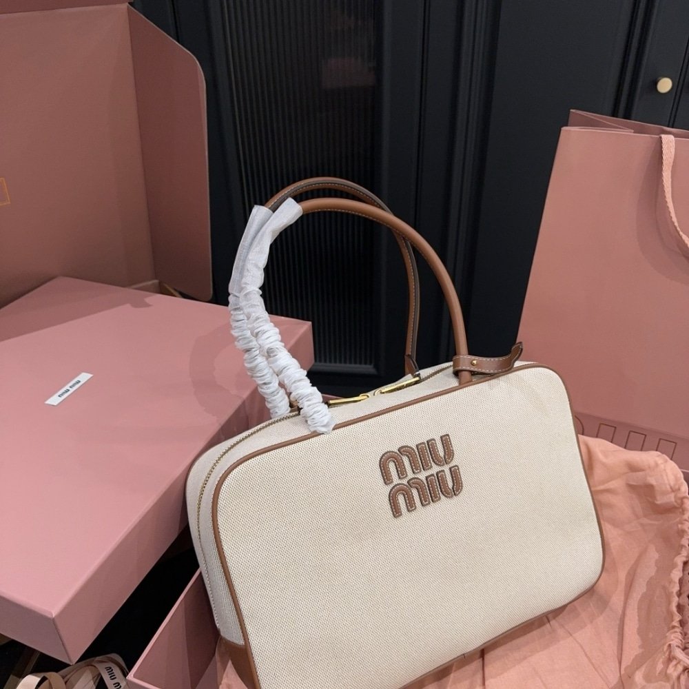 M1um1u Beau Canvas Bag Beige And Brandy 34Cm 5Bb163 Acrn F062F V Ooo