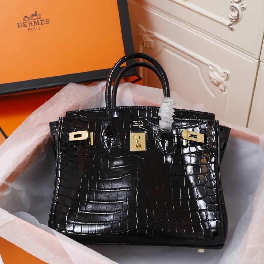 [S*per Vip 1:1] H**me5 Birkin 30 Shiny Porosus Crocodile Gold Hardware Black 30Cm