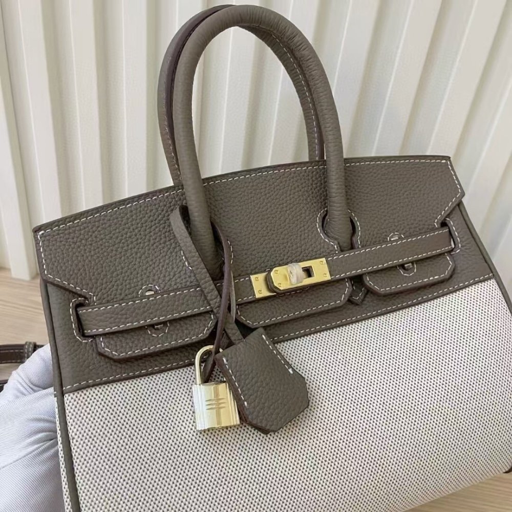 H**me5 Birkin 25 Two Tone Toile Canvas Gold Hardware Grey 25Cm