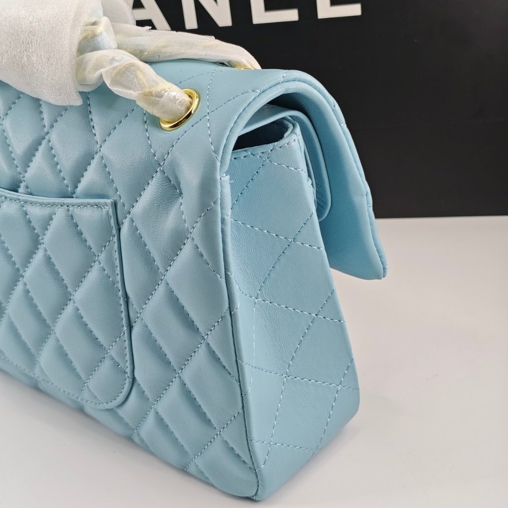 Ch**el Classic 11.12 Handbag Gold Tone Metal Light Blue 30Cm