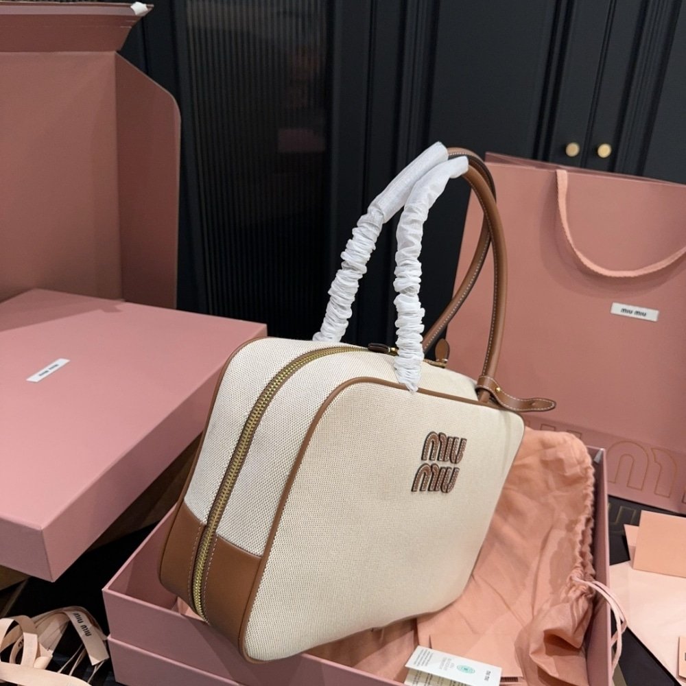 M1um1u Beau Canvas Bag Beige And Brandy 34Cm 5Bb163 Acrn F062F V Ooo
