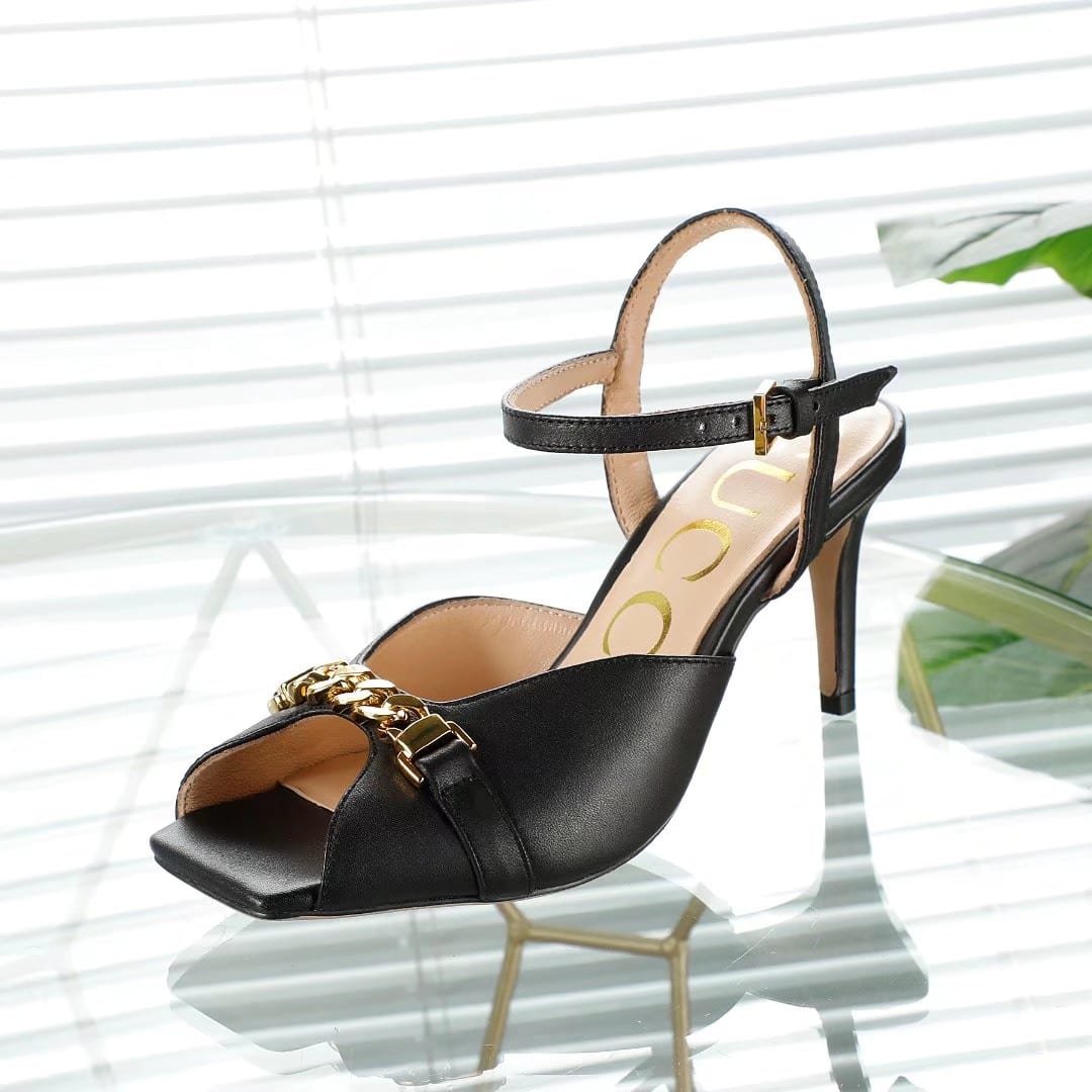 Gvc*1 Metal Chain Stiletto Heels Flip Flop Fish Mouth Sandals Black