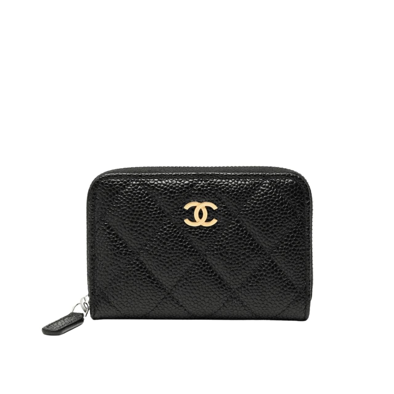 Ch**el Classic Zipped Coin Purse Wallet Gold Tone Metal Black 11Cm Ap0216 Y01588 C3906