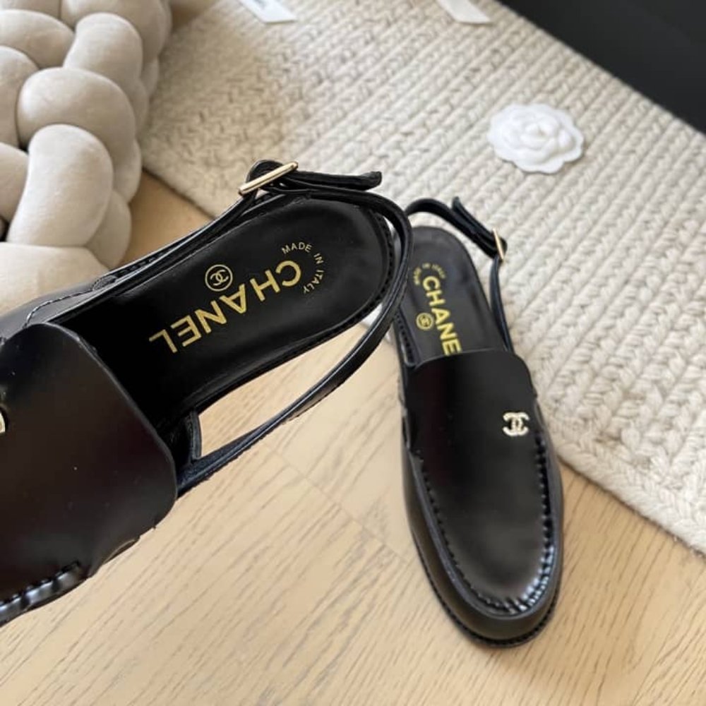 Ch**el Interlocking Cc Logo Slingback Flats Black