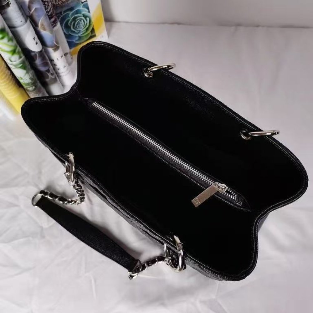 Ch**el Grand Shopping Tote Bag Black Caviar Silver Tone Chain 34Cm