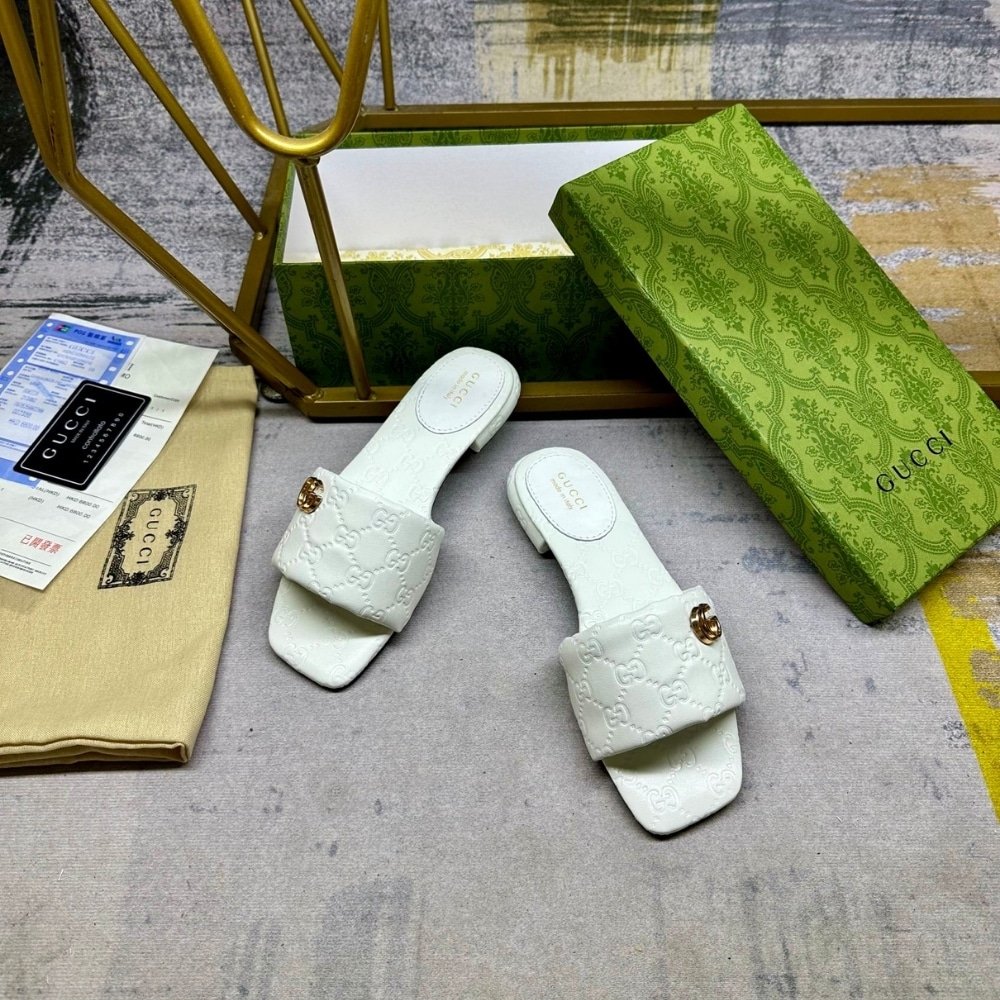 Gvc*1 Women Slide Sandal With Double G Ivory 816330 Aaea2 9540